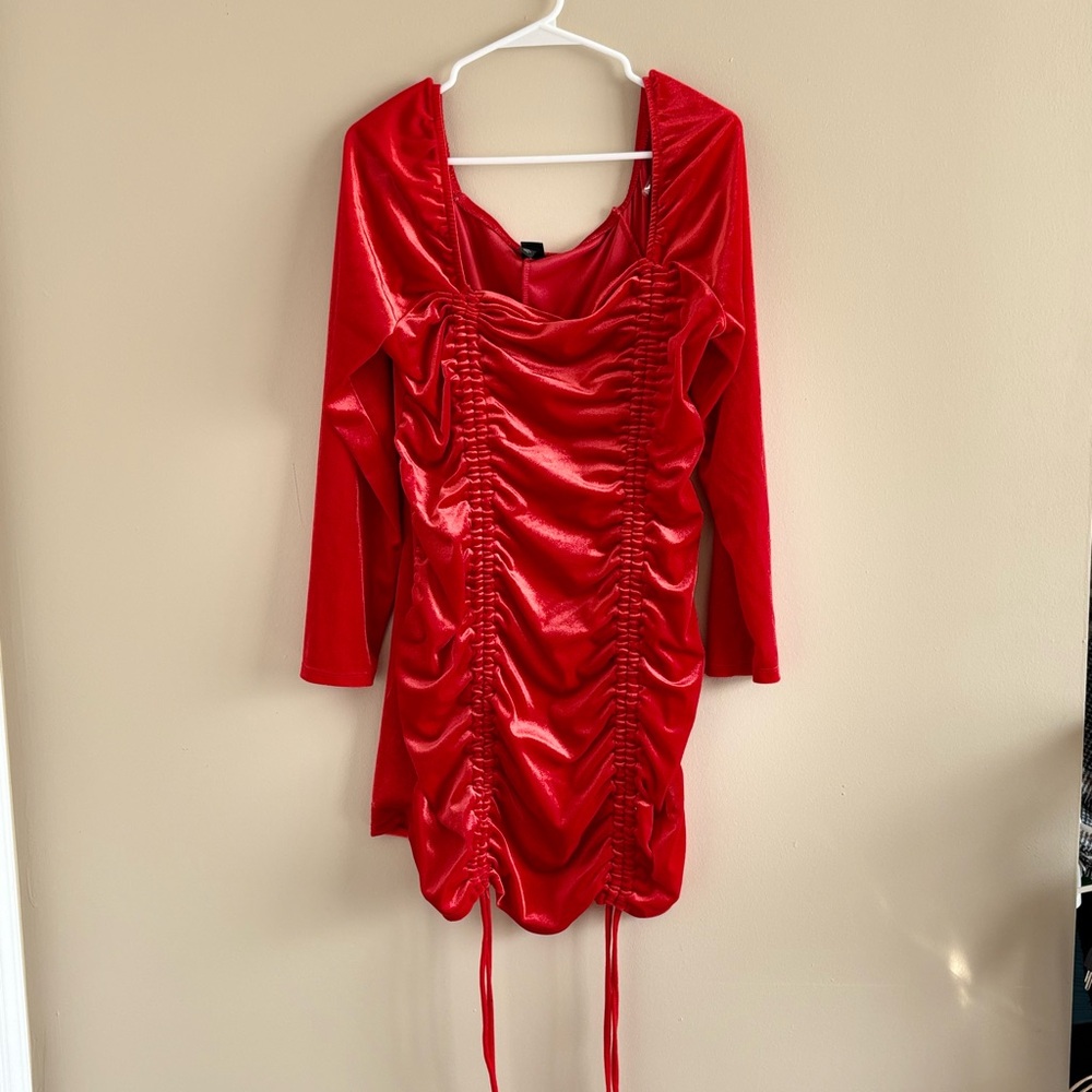 Red Ruched Long Sleeve Dress